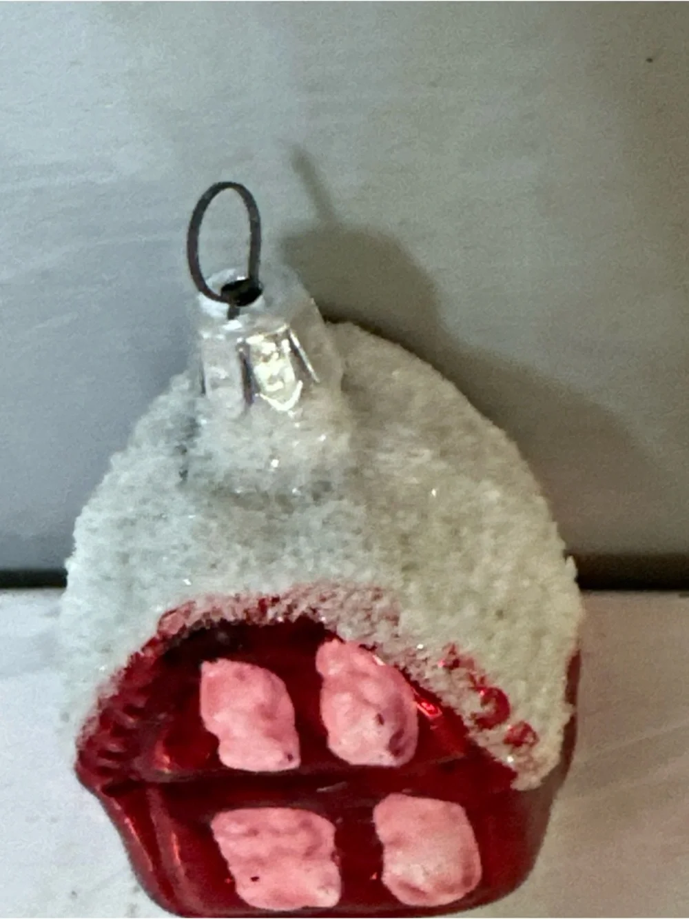 Vintage Blown Glass Christmas Tree Ornament Snow Covered Red House